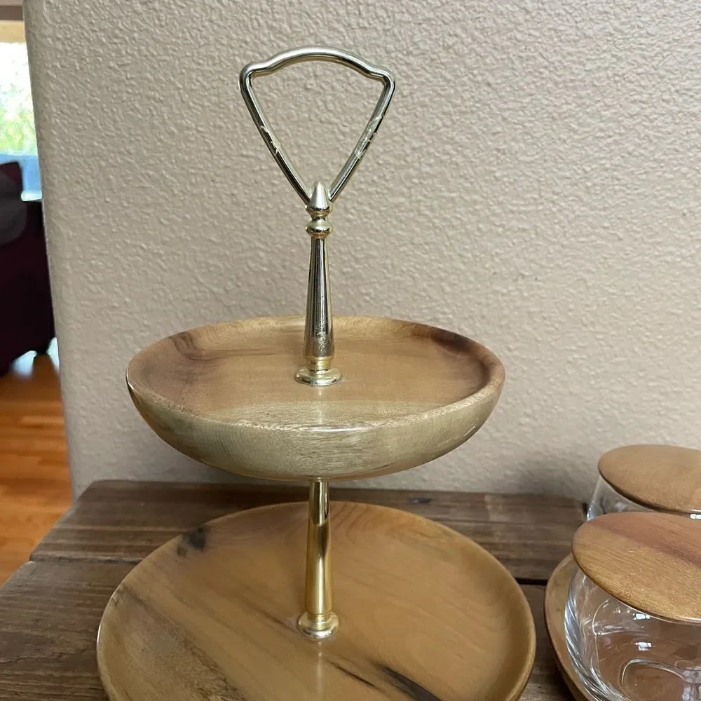 MCM Myrtlewood Vintage Condiment Set with Two Tiered Myrtlewood Snack Service